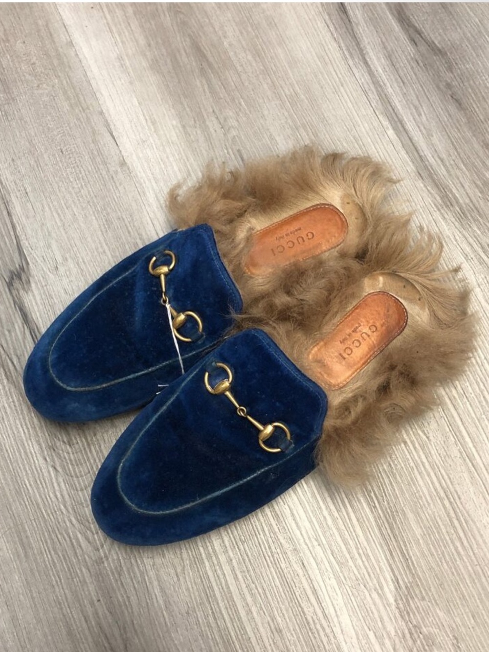Authentic Gucci Blue Velvet Fur-Lined Horsebit Loafers